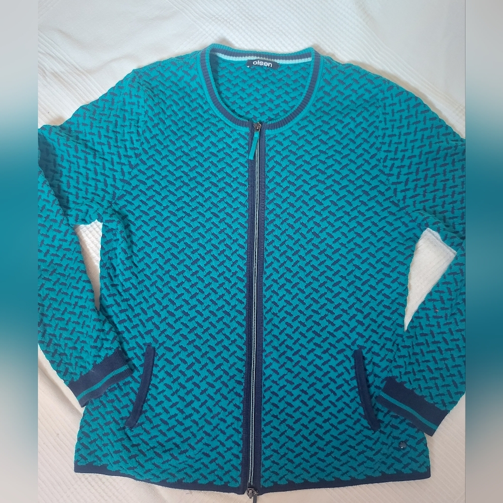 Olsen Teal and Navy Patterned Cardigan
